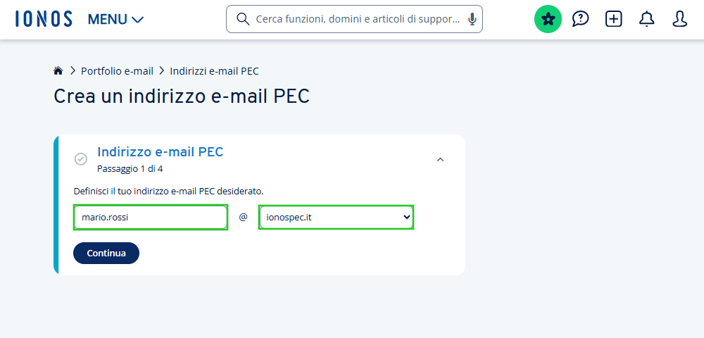 Immagine: selezione del riquadro per inserire indirizzo e dominio del mittente.