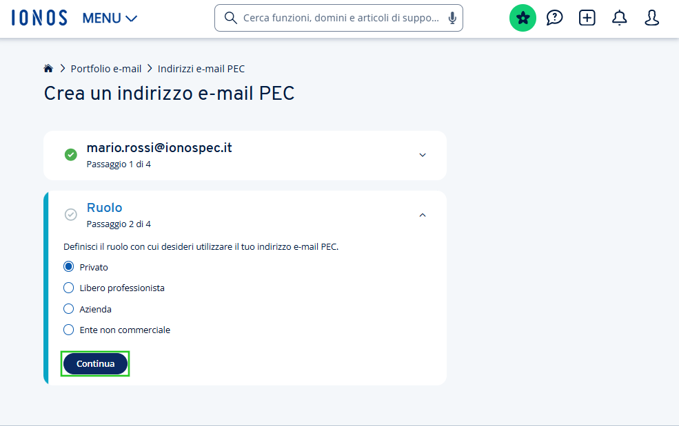 Immagine: pulsante "Continua" nella pagina Crea un indirizzo e-mail PEC.