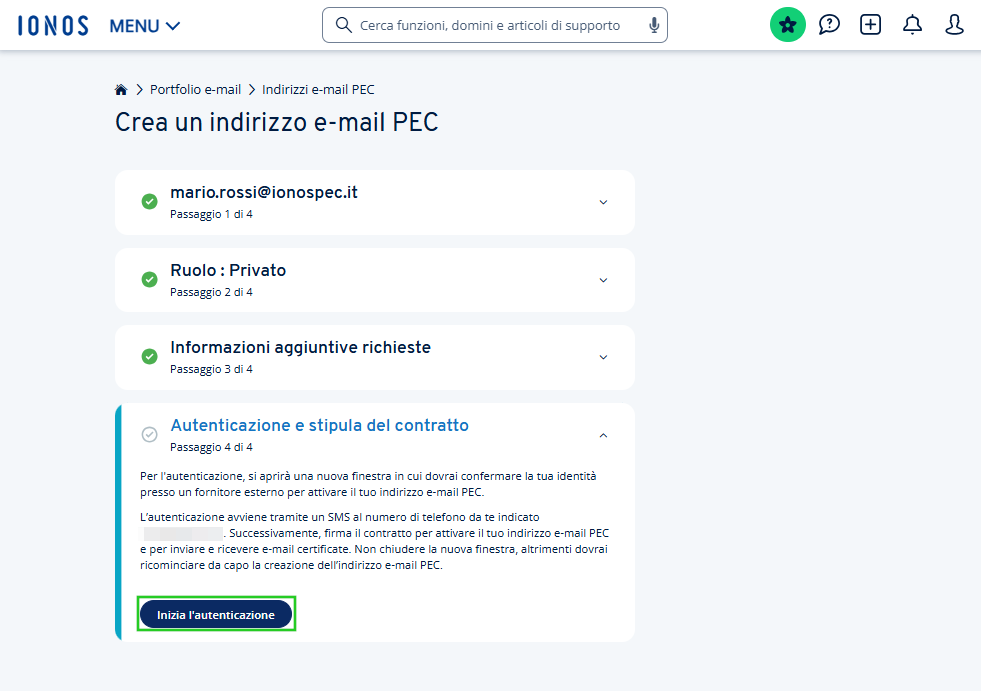 Immagine: pulsante "Inizia l'autenticazione" nella sezione Autenticazione e stipula del contratto".