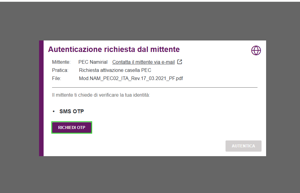 Immagine: pulsante "Richiedi OTP" nella finestra Autenticazione richiesta dal mittente.