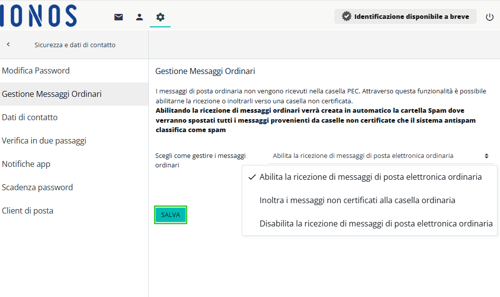 Immagine: pulsante "Salva" nella sezione Gestione messaggi ordinari. 