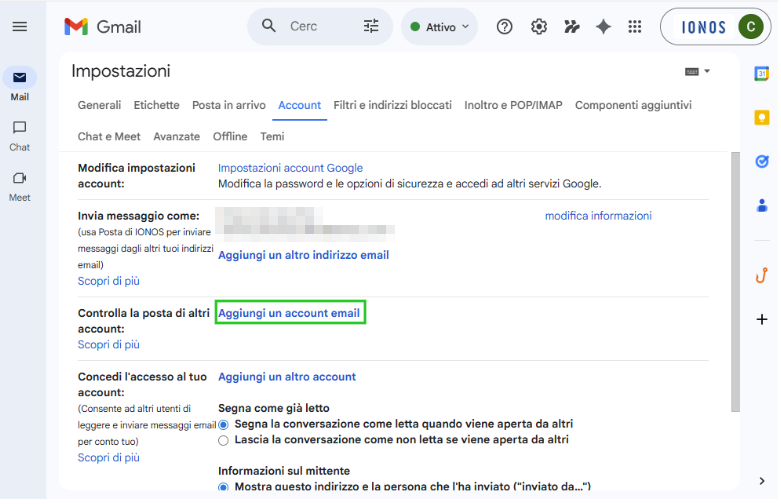 Immagine: selezione "Aggiungi un account email" nell'account Gmail.