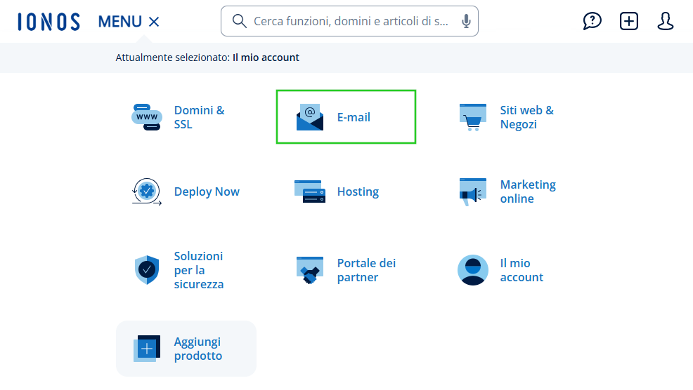 Immagine: pulsante E-mail nel menu dell'account IONOS.