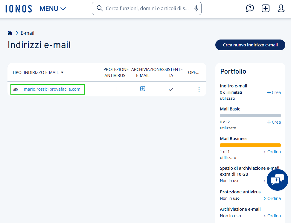 Immagine: elenco delle e-mail nell'account IONOS