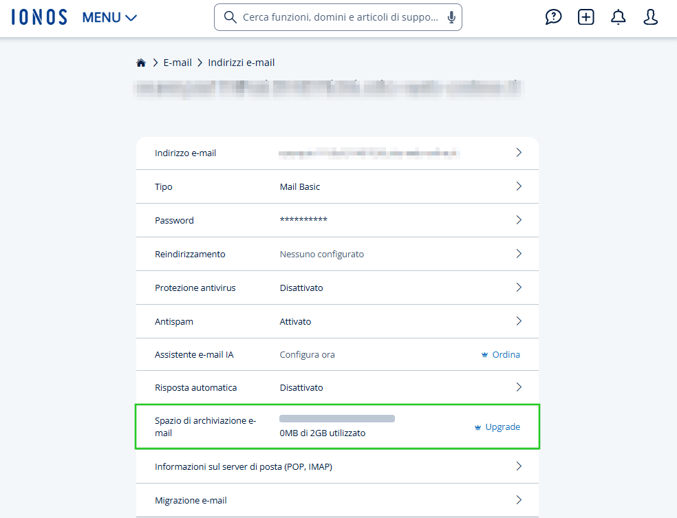 Immagine: vista dettagliata di un indirizzo e-mail nell'account IONOS contenente il link Upgrade.