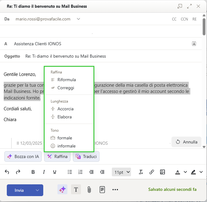 Immagine: elenco delle azioni disponibili tramite il pulsante Raffina
