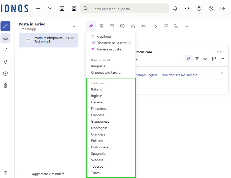 Immagine: elenco delle lingue disponibili nella sezione Traduci in