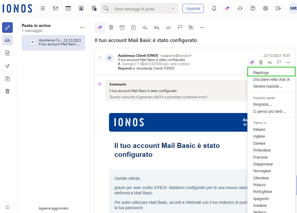 Immagine: voce di menu Riepiloga