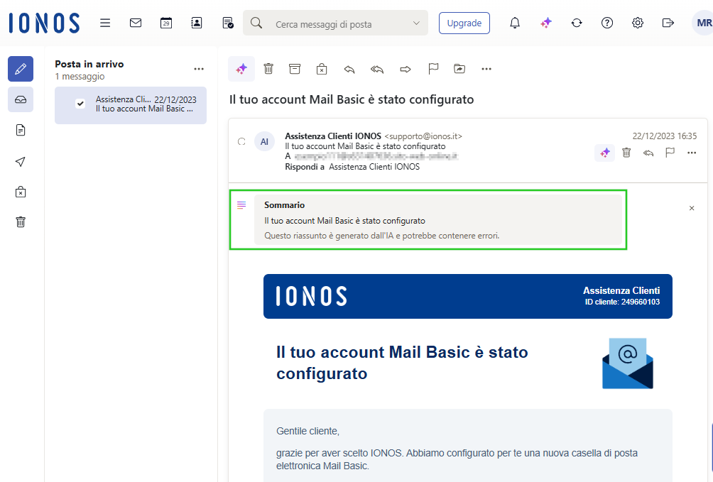 Immagine: riassunto del testo originale dell'e-mail