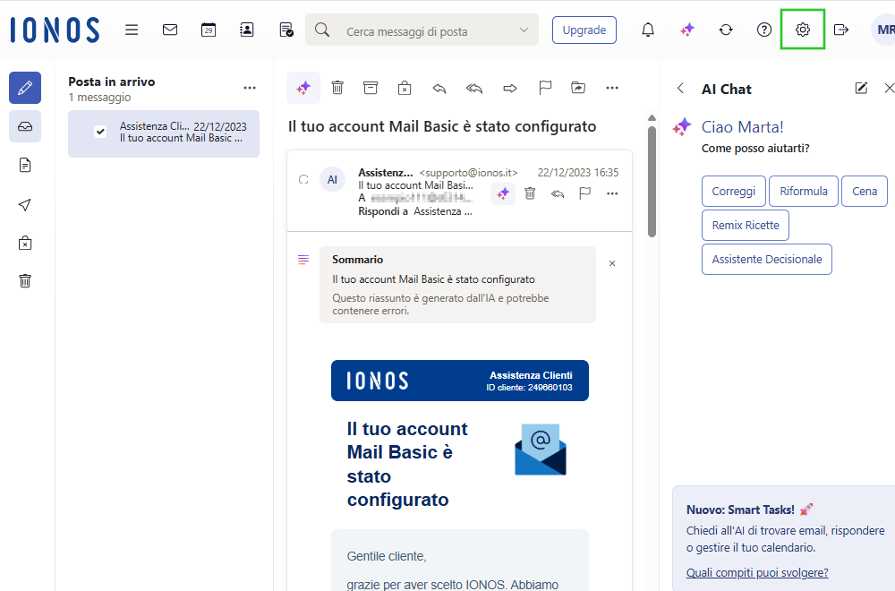 Immagine: icona a forma di ingranaggio nella barra dei menu di Webmail