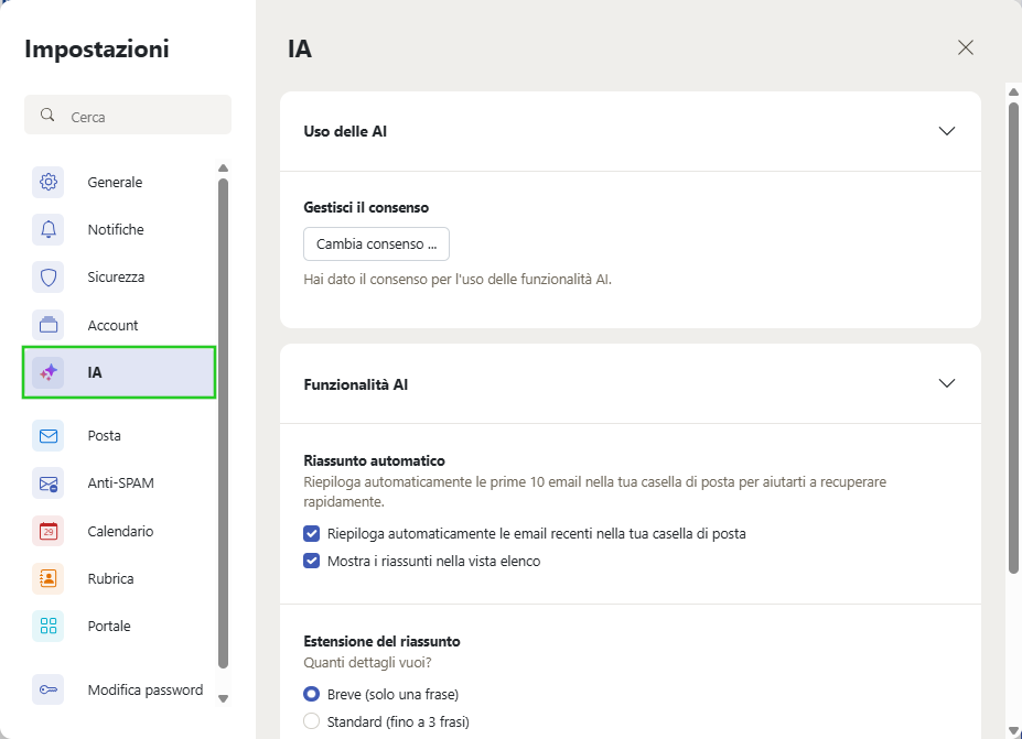 Immagine: voce di menu IA nella finestra Impostazioni