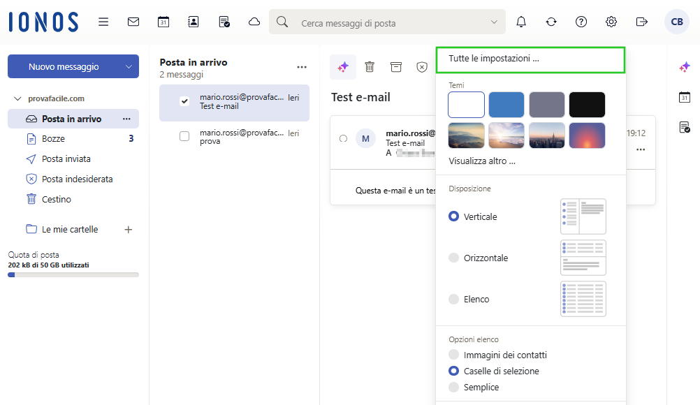 Immagine: voce di menu Tutte le impostazioni nelle impostazioni di Webmail