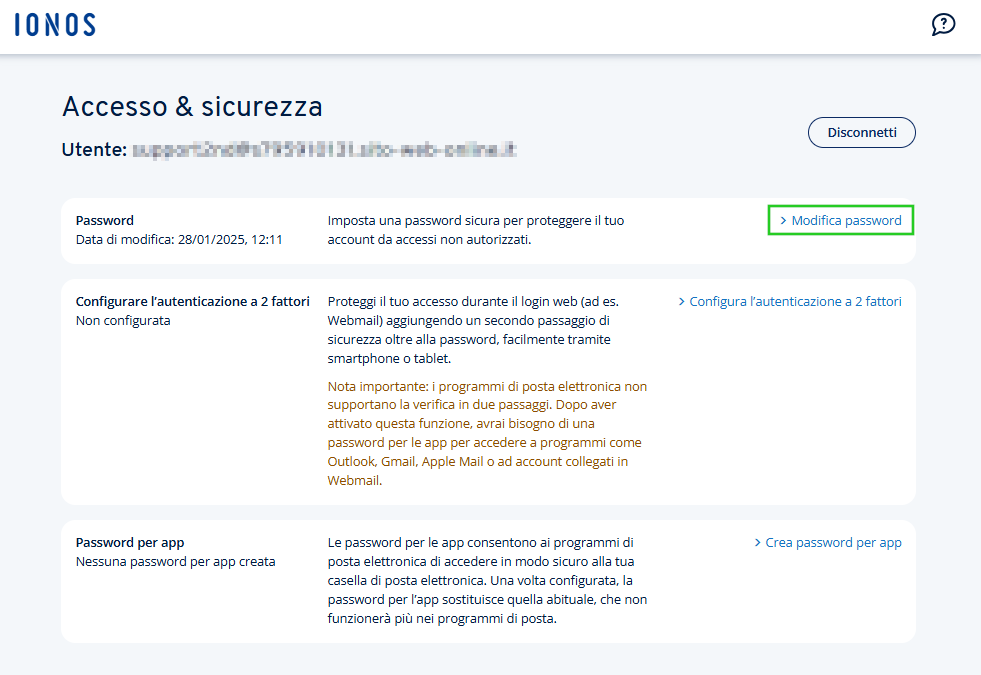 Immagine: link “Modifica password” nella pagina “Accesso & sicurezza”