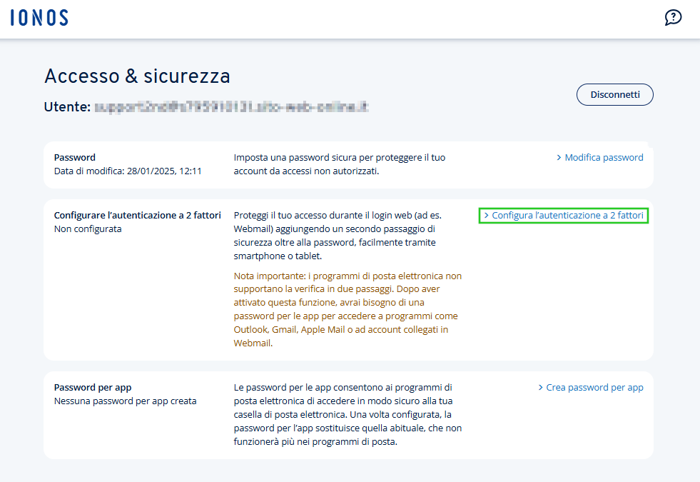 Immagine: link “Configura l'autenticazione a due fattori” nella pagina “Accesso & sicurezza”