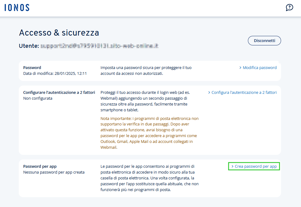 Immagine: link “Crea password per app” nella pagina “Accesso & sicurezza”