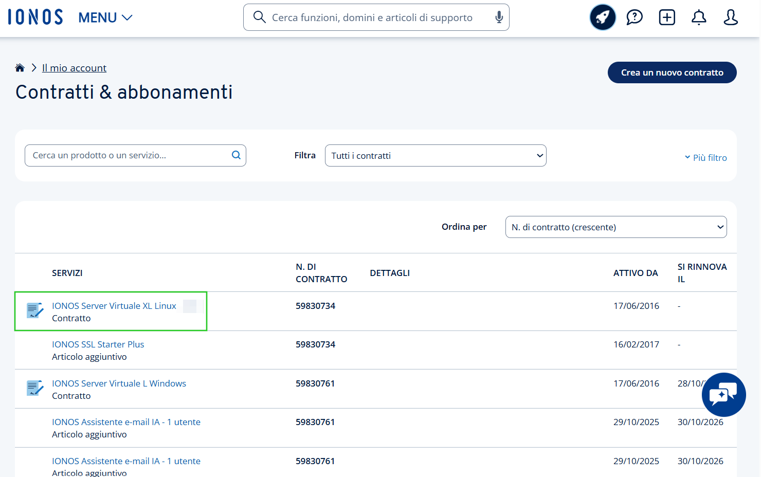 Immagine: sezione "Contratti e abbonamenti" dell'account IONOS. Viene evidenziato un singolo contratto.