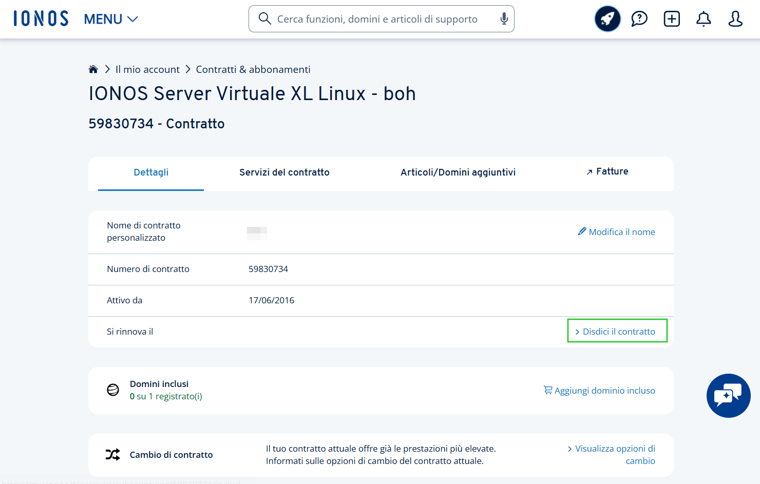 Immagine: sezione "Contratti e abbonamenti" dell'account IONOS. Il link "Disdici il contratto" è evidenziato.