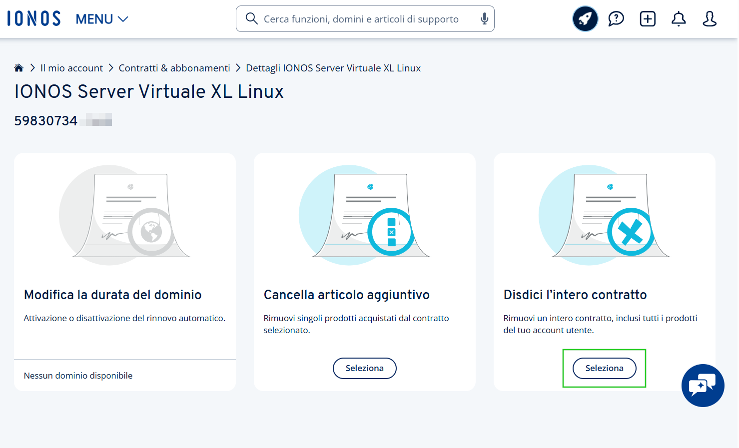 Immagine: nell'account IONOS, vista dettagliata di un singolo contratto. Il riquadro "Seleziona" è evidenziato nel riquadro "Disdici l'intero contratto".