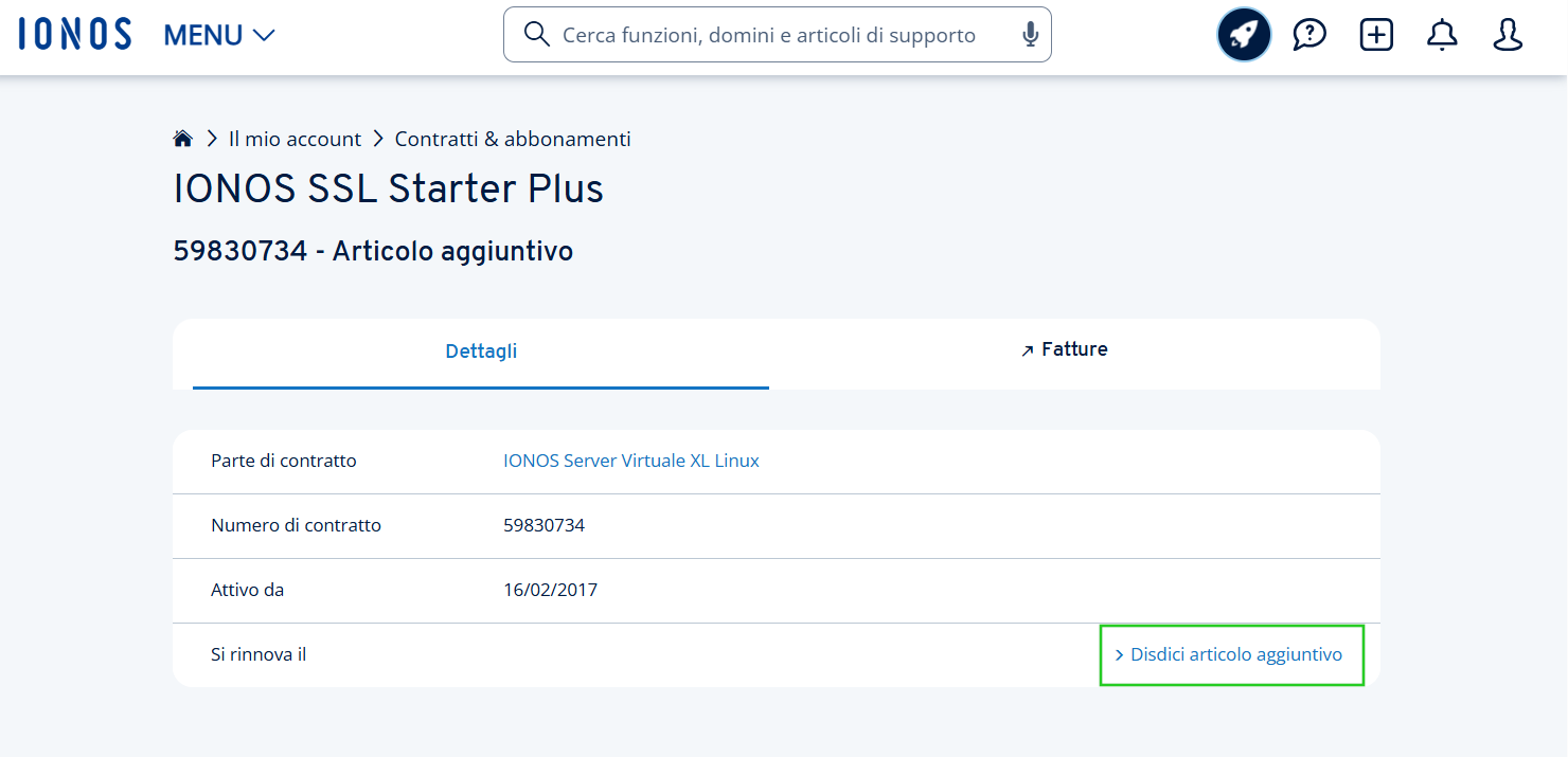 Immagine: nell'account IONOS, vista dettagliata di un singolo articolo aggiuntivo. Il link "Disdici articolo aggiuntivo" è evidenziato. 