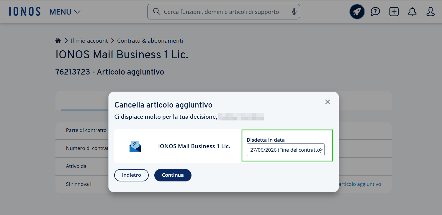 Immagine: finestra di disdetta dell'articolo aggiuntivo nell'account IONOS. Il campo di selezione della data di disdetta è evidenziato. 