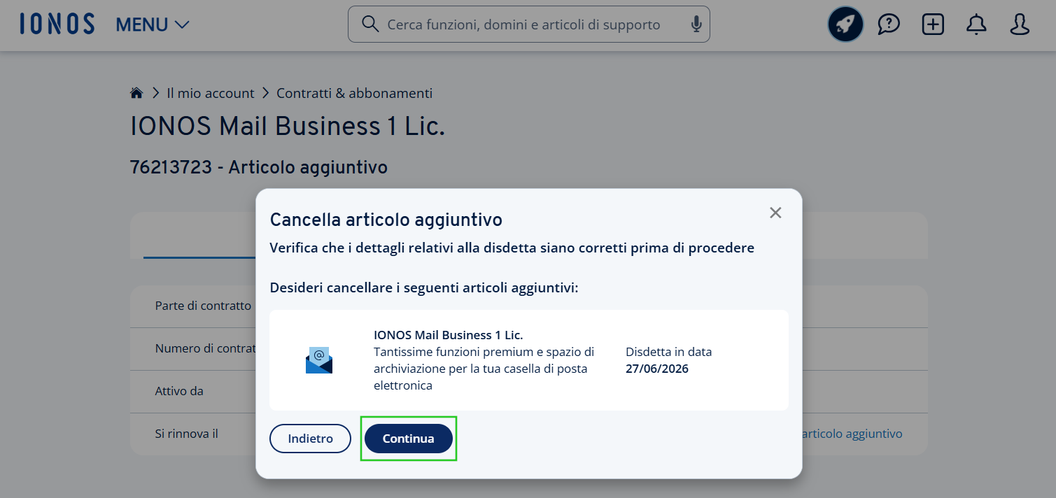 Immagine: finestra con il riepilogo provvisorio della cancellazione. Il pulsante "Continua" è evidenziato. 