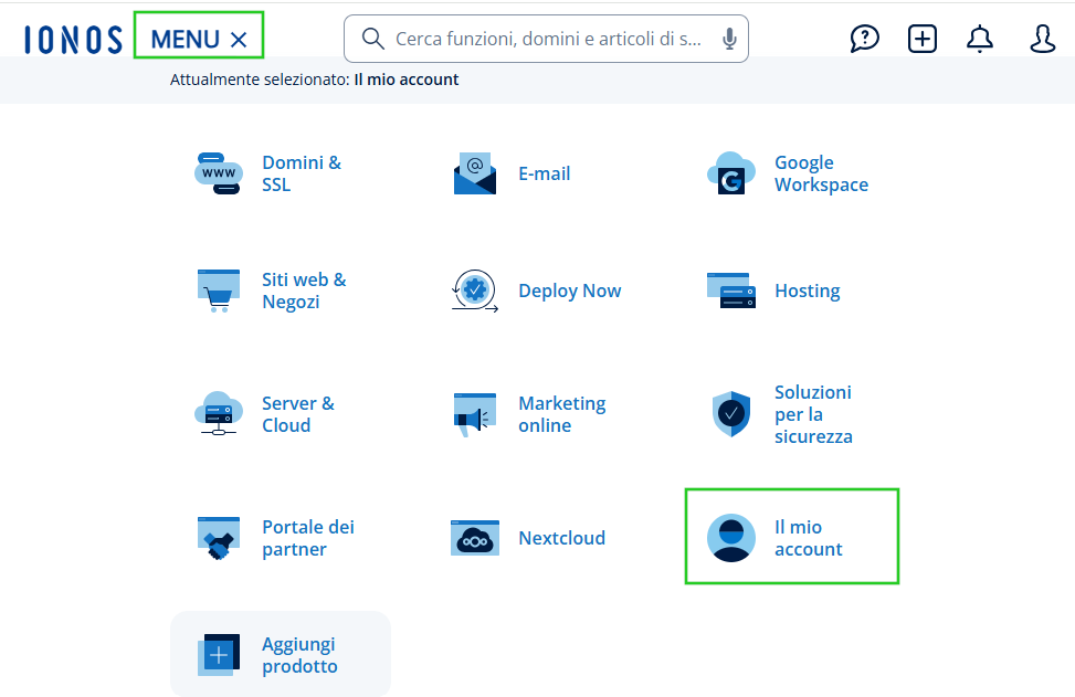 Immagine: menu dell'account IONOS. Sono evidenziati i pulsanti per accedere al menu e alla sezione “Il mio account”.