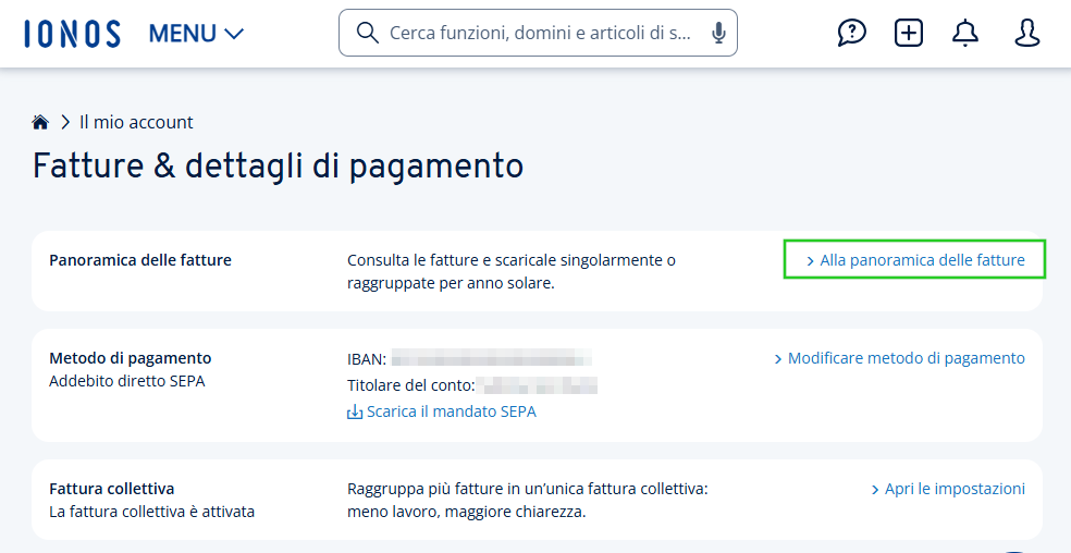 Immagine: account IONOS, sezione “Fatture & Dettagli di pagamento”. Il link “Alla panoramica delle fatture” è evidenziato.