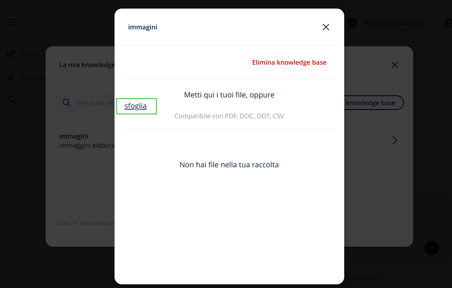 Immagine: Il link "Sfoglia" apre la finestra di selezione dei file locale per aggiungere documenti alla tua nuova Knowledge base.