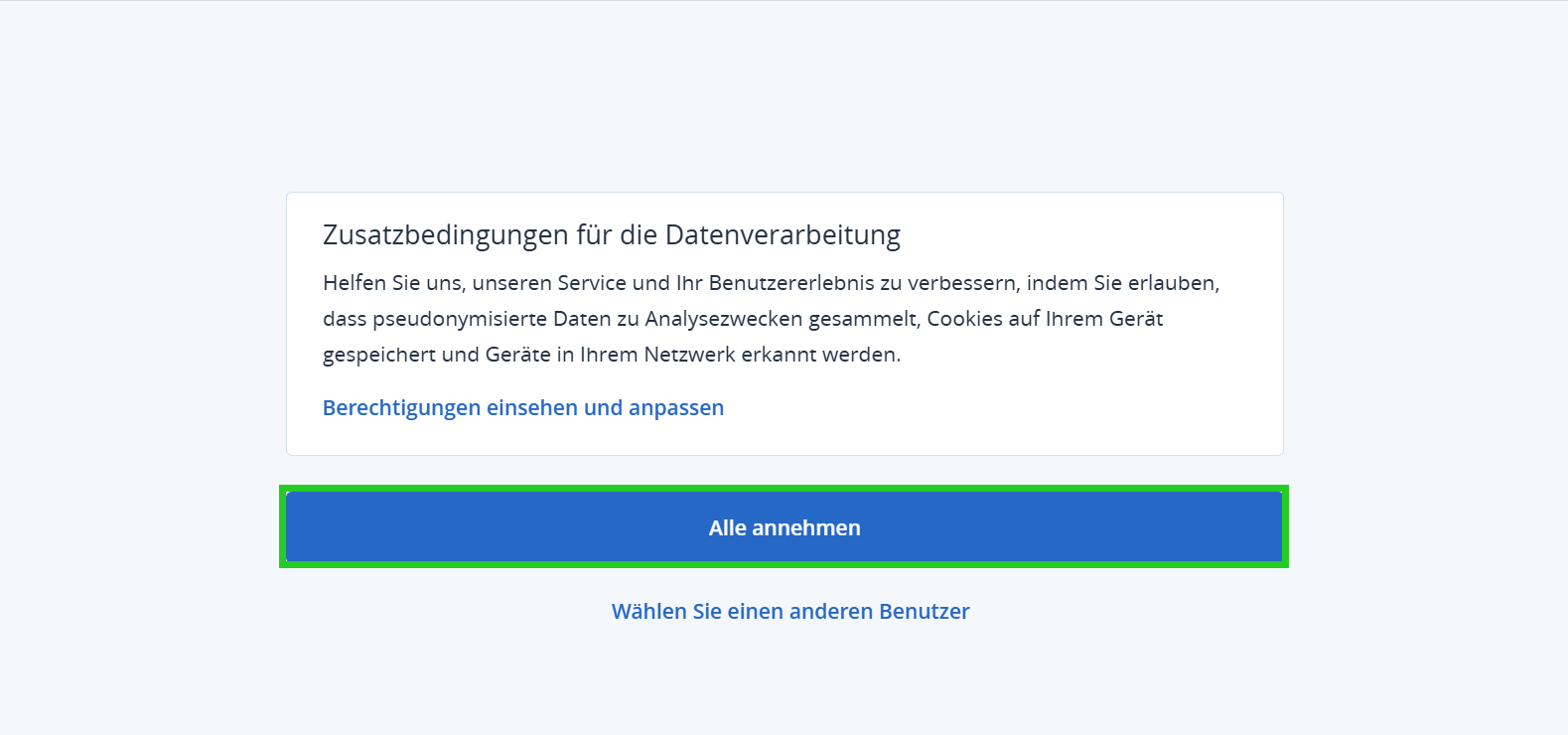 Screenshot: Die Seite Zusatzbedingungen für die Datenverarbeitung wird angezeigt.Auf dieser Seite ist die Schaltfläche Alle annehmen hervorgehoben.