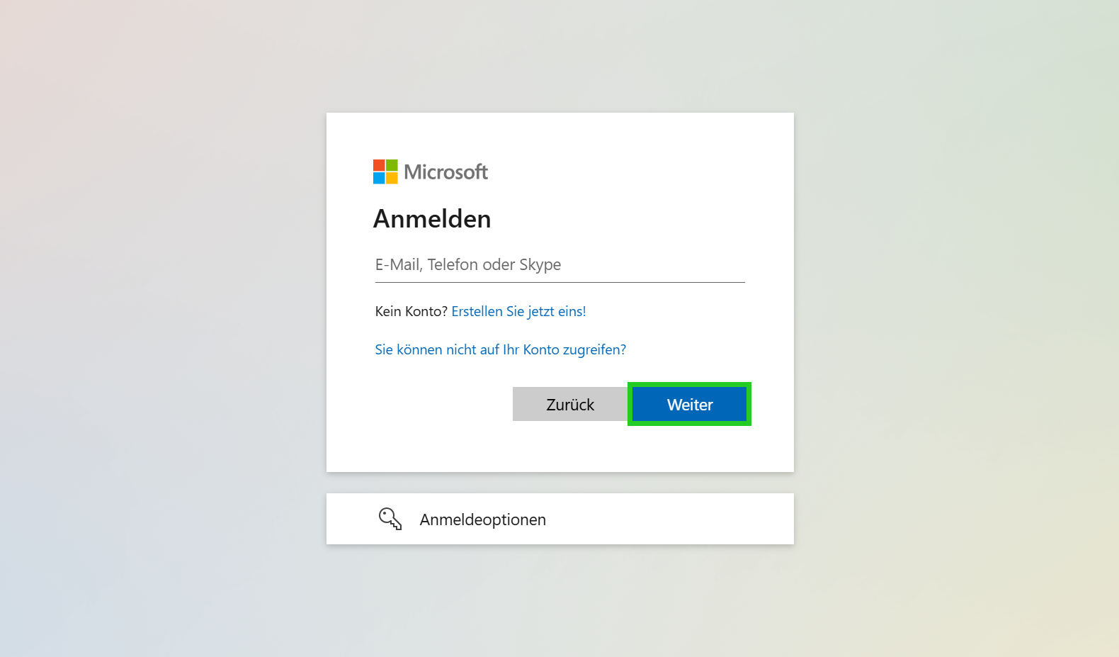Screenshot: Eine Login-Seite von Microsoft wird angezeigt. Auf dieser Seite ist die Schaltfläche Weiter hervorgehoben.