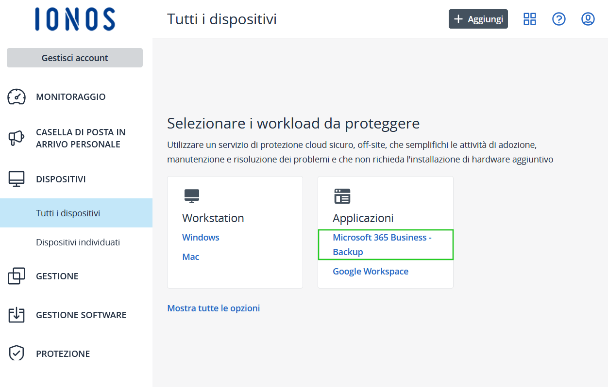 Immagine: link Microsoft 365 Business Backup nella console Cyber Protect