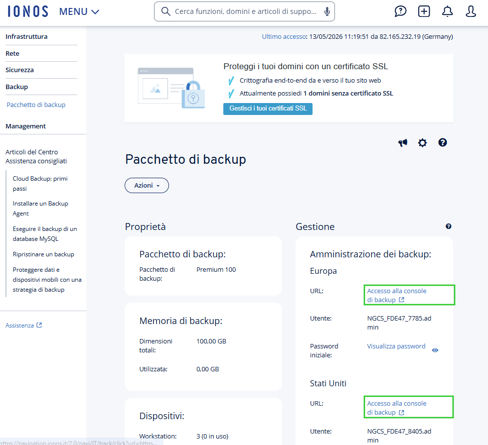 Immagine: link di accesso alla console di backup nella sezione Backup > Pacchetto di backup