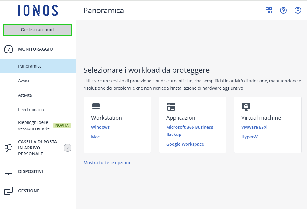 Immagine: pulsante Gestisci account nella console di backup.