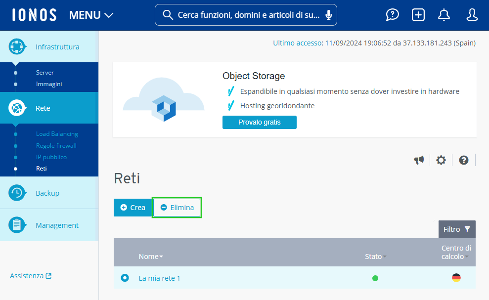 Immagine: pulsante Elimina all'interno dell'area Rete > Reti.