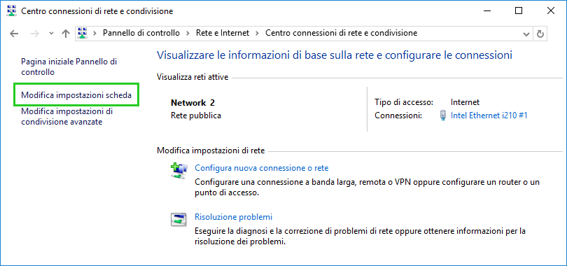 Immagine: pulsante Modifica impostazioni scheda in Pannello di controllo > Rete e Internet > Centro connessioni di rete e condivisione.