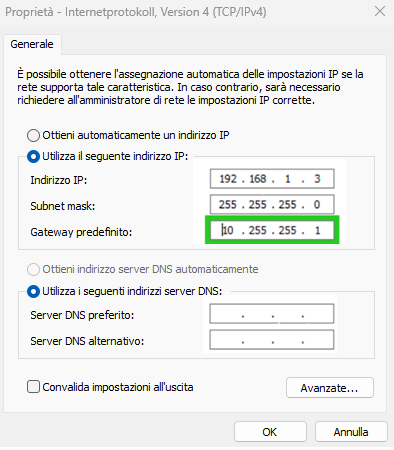 Immagine: campo Gateway predefinito nella finestra Proprietà di Protocollo Internet versione 4 (TCP/IPv4).