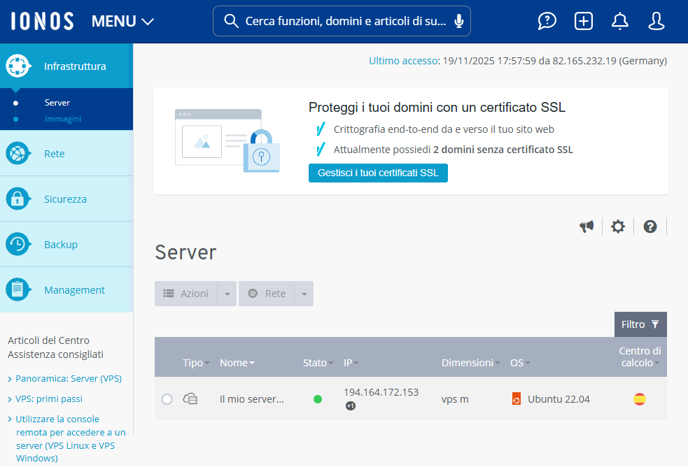 Immagine: sezione Infrastruttura > Server nel Cloud Panel.