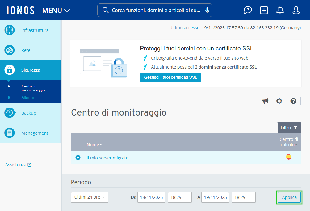 Immagine: pulsante Applica nell'area Sicurezza > Centro di monitoraggio