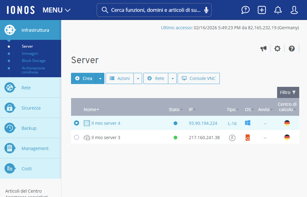 Immagine: sezione Infrastruttura > Server