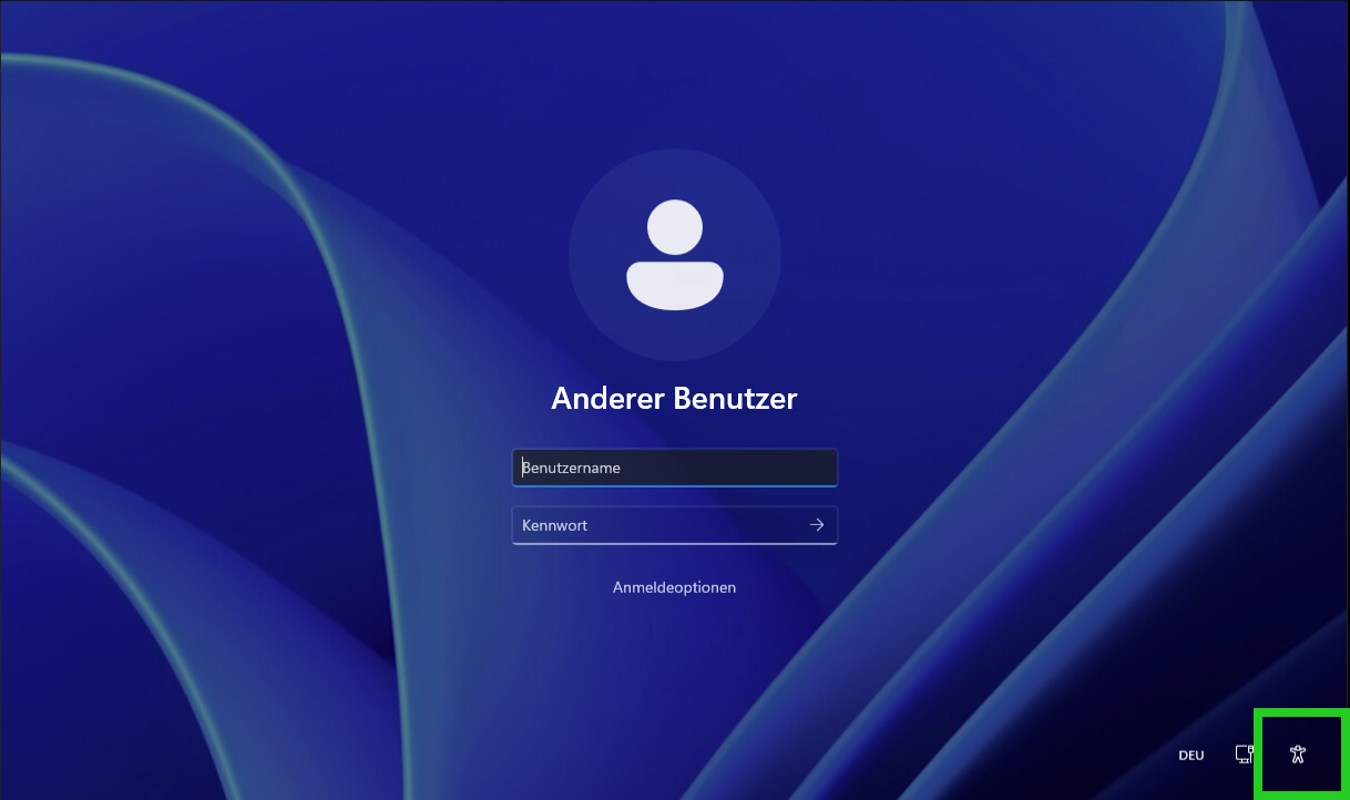 Screenshot: Das Login-Fenster von Windows wird angezeigt. In diesem Fenster ist unten rechts auf die Figur mit den ausgestreckten Armen hervorgehoben.