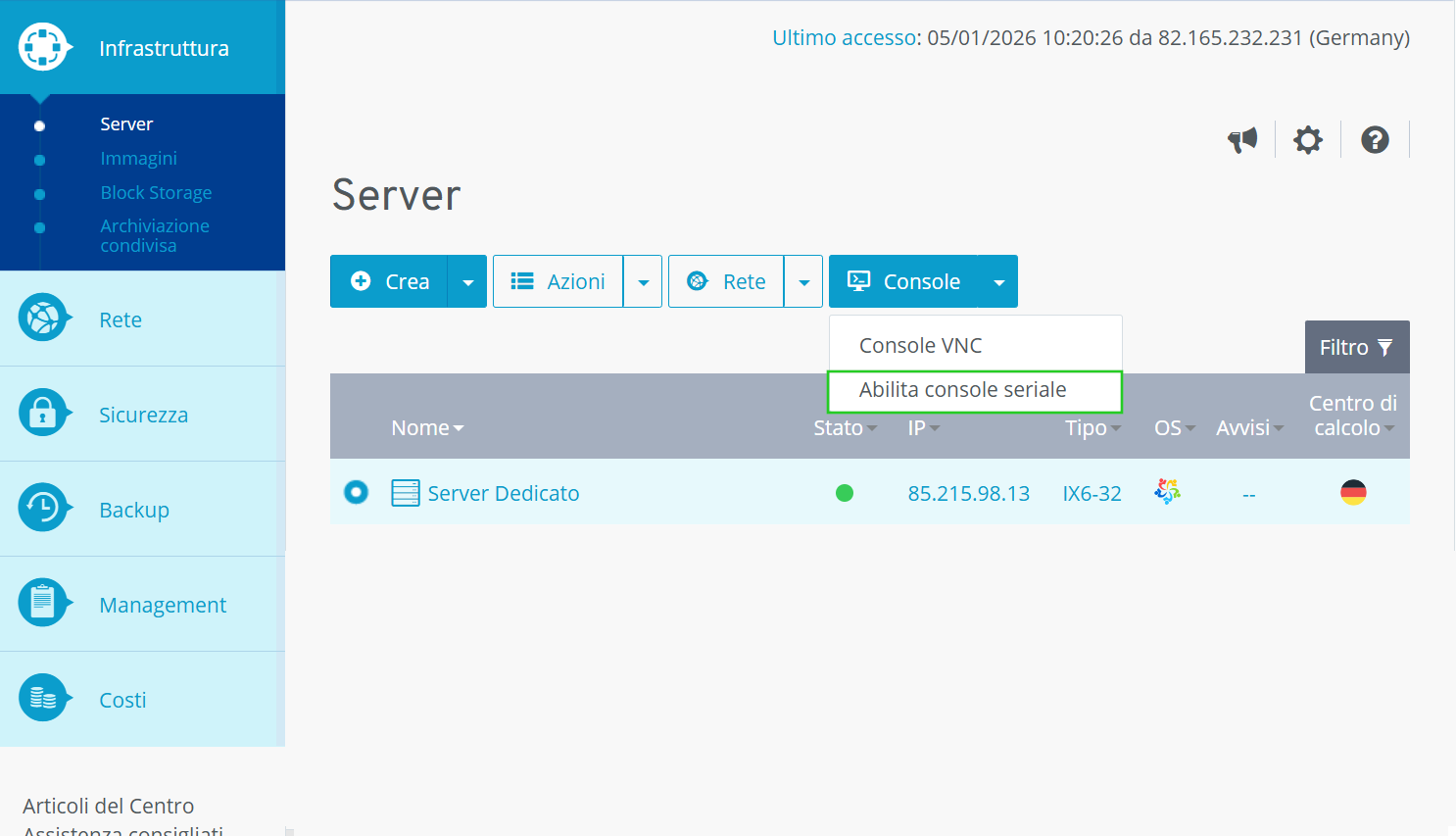 Immagine: pulsante Abilita console seriale