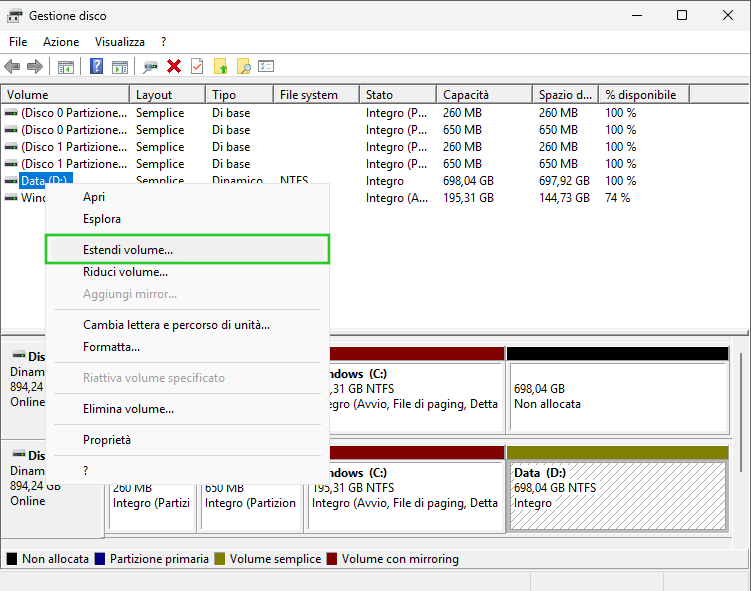 Immagine: opzione per estendere il volume in Gestione disco