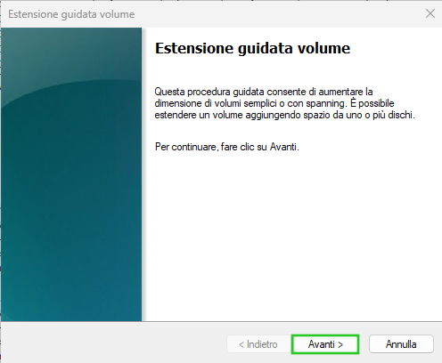 Immagine: primo passaggio nella finestra di dialogo Estensione guidata volume