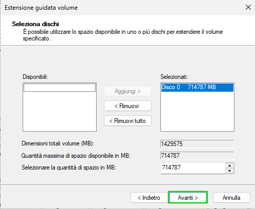 Immagine: secondo passaggio nella finestra di dialogo Estensione guidata volume