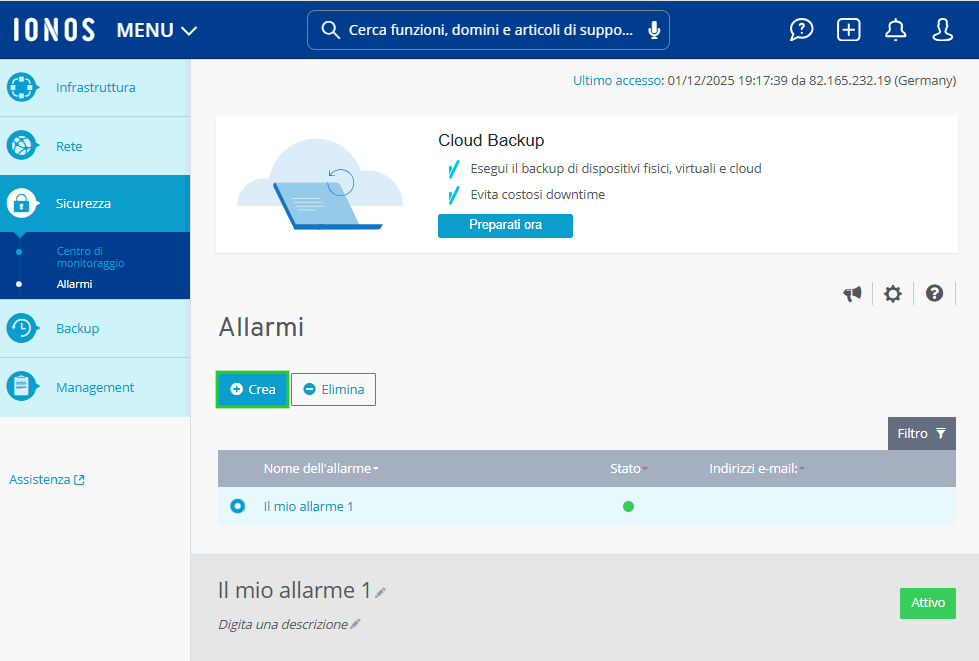 Immagine: pulsante Crea nella sezione Sicurezza > Allarmi