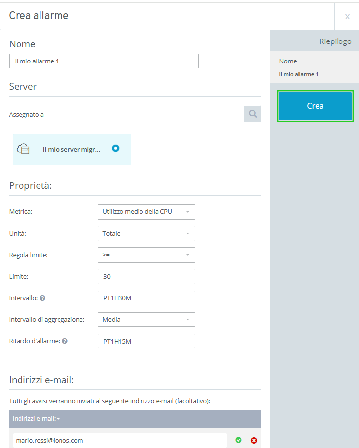 Immagine: pulsante Crea nella sezione Crea allarmi