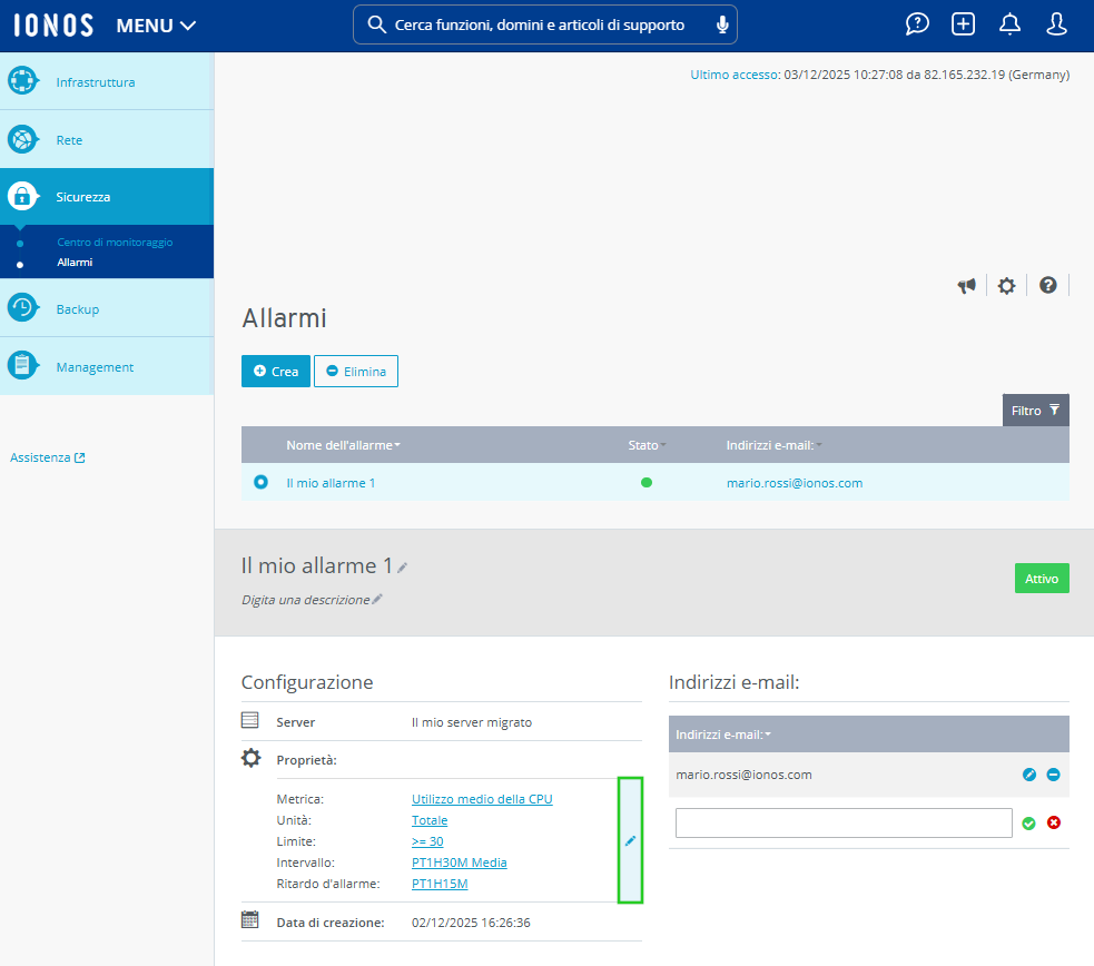 Immagine: icona della matita nelle informazioni dettagliate di un allarme