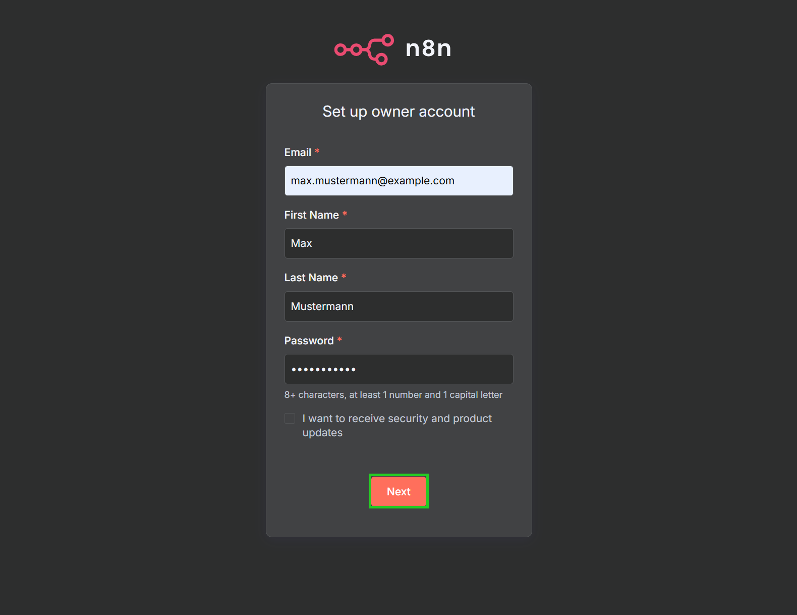 Immagine: pulsante Next nella finestra Setup owner account