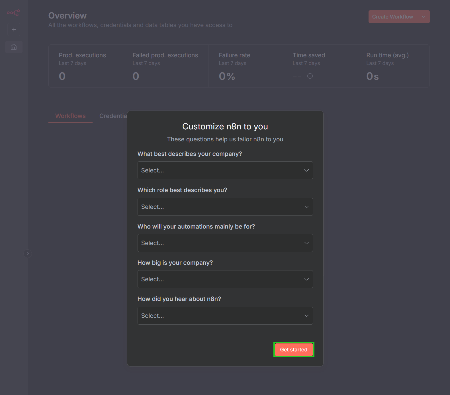 Immagine: pulsante Get started nella finestra Customize n8n to you