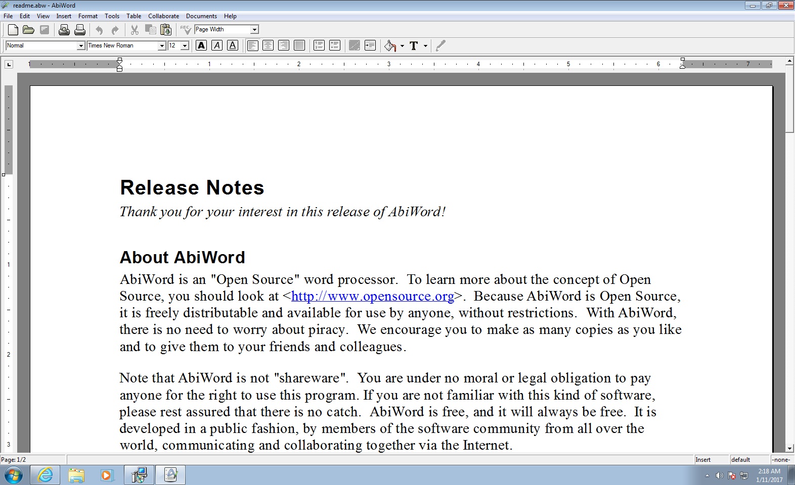 Interfaccia utente di AbiWord in inglese con esempio di nuovo documento